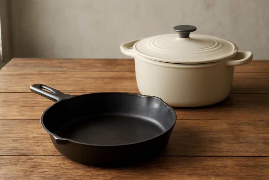 A cast-iron skillet and an enameled Dutch oven on a rustic wooden table