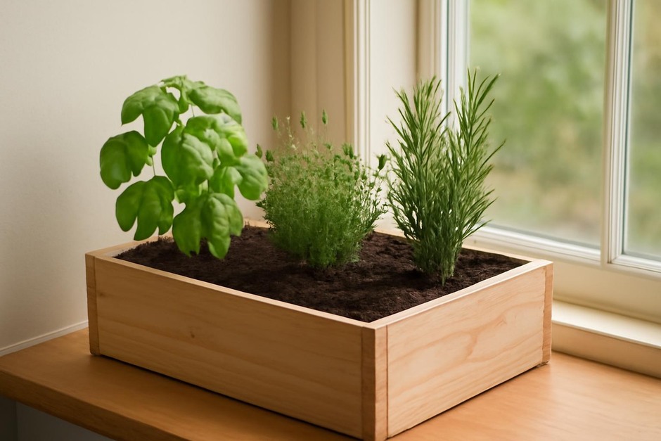 Wooden windowsill herb planter containing basil, thyme and rosemary
