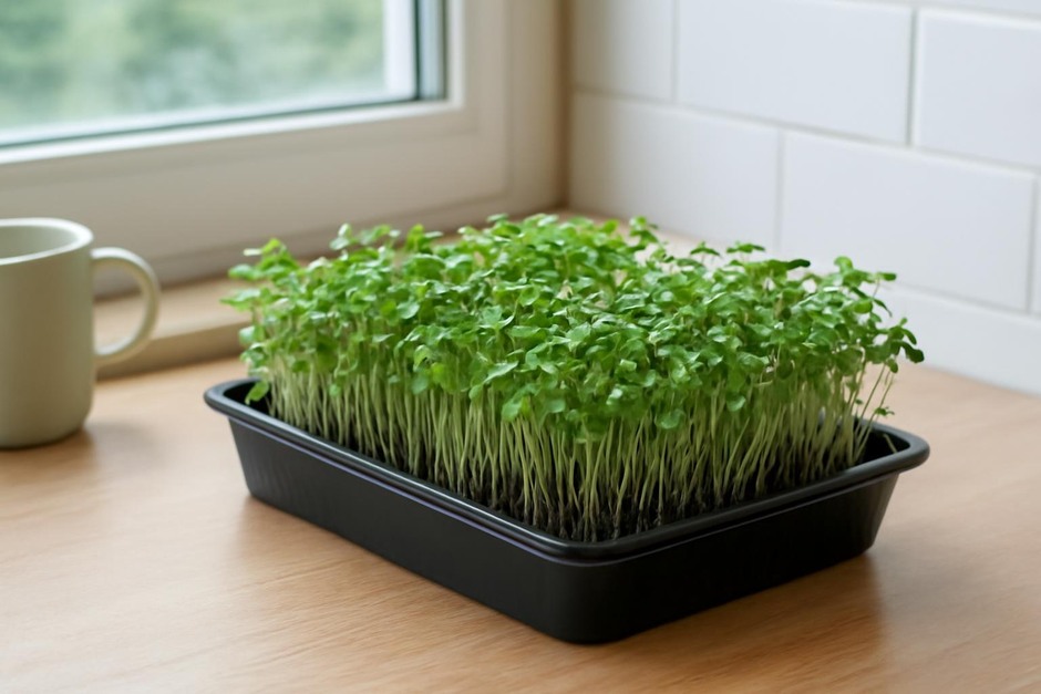 Tray of mixed microgreens on a kitchen windowsill